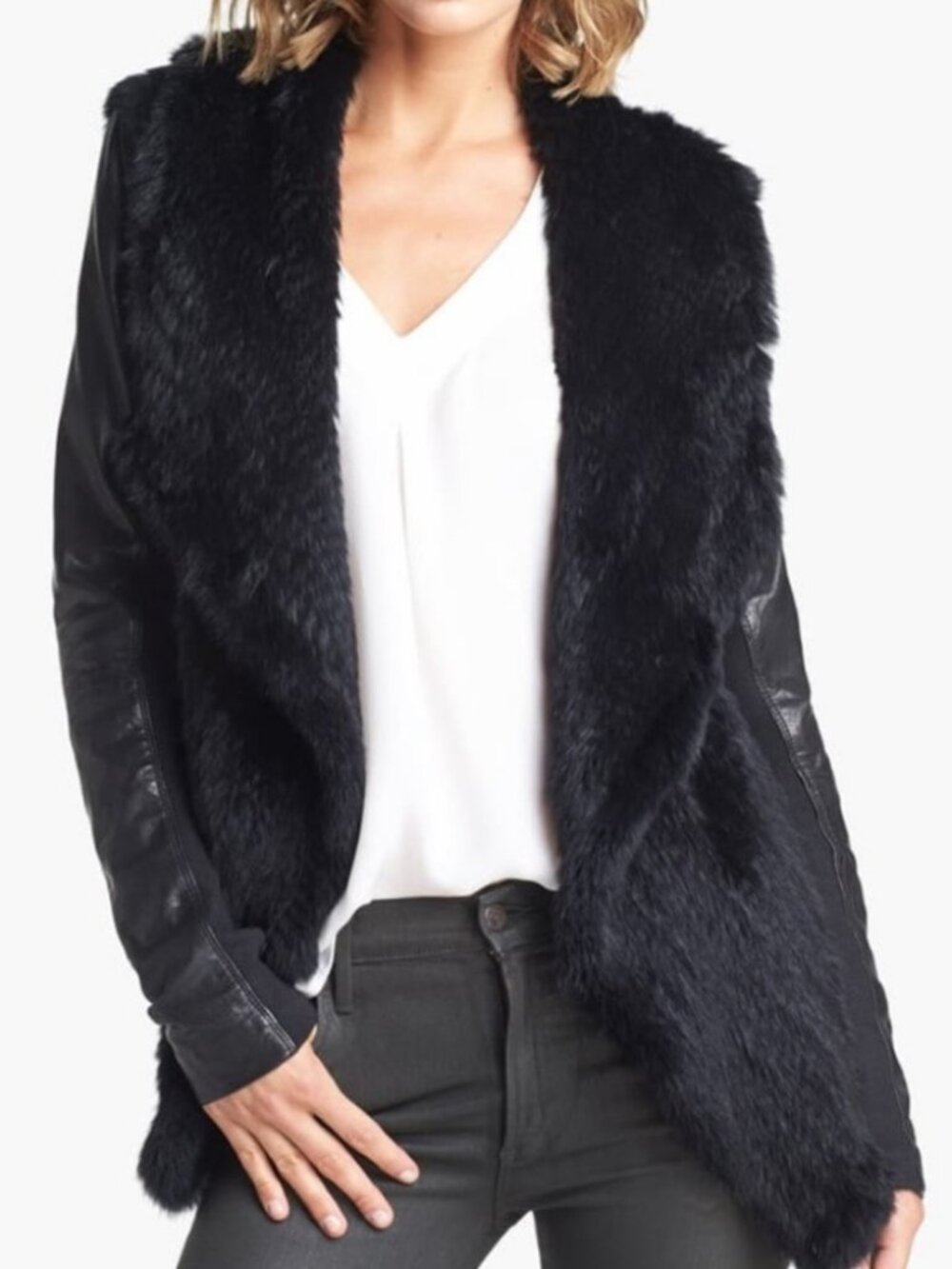 Womens June Black (Item-37) Mix Media Rabbit Fur Wool Leather Sleeves Jacket M